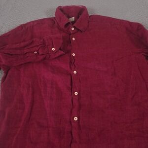 Xacus Shirt Mens Large Burgundy Red Evolution Fit 100% Linen Button Down Italian